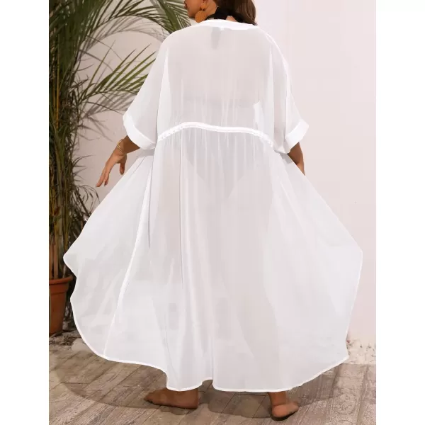 SWOMOG Women Cover Ups Plus Size Swimsuit Chiffon Kimono Long Cardigan Open Front Bathing Suit Summer Flowy Bikini BeachwearWhite