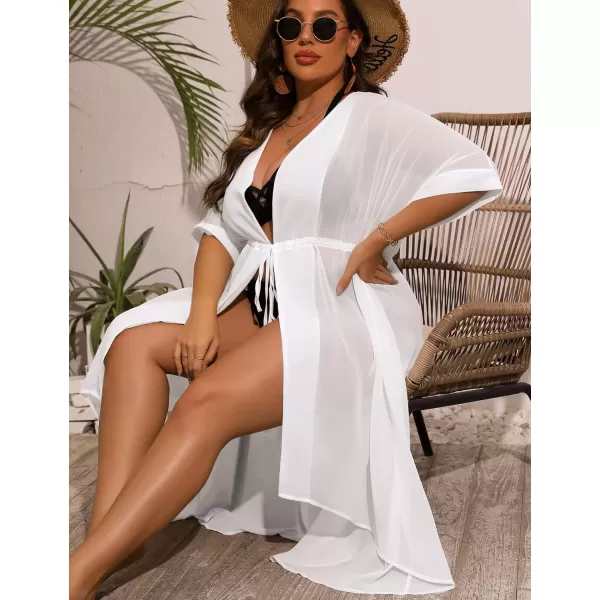 SWOMOG Women Cover Ups Plus Size Swimsuit Chiffon Kimono Long Cardigan Open Front Bathing Suit Summer Flowy Bikini BeachwearWhite