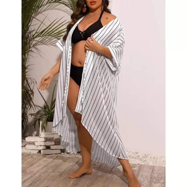 SWOMOG Women Cover Ups Plus Size Swimsuit Chiffon Kimono Long Cardigan Open Front Bathing Suit Summer Flowy Bikini BeachwearWhite Stripe