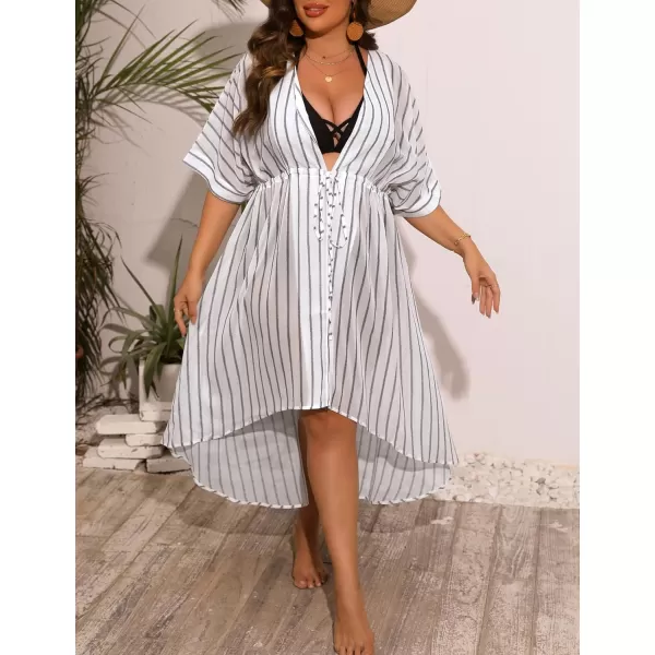 SWOMOG Women Cover Ups Plus Size Swimsuit Chiffon Kimono Long Cardigan Open Front Bathing Suit Summer Flowy Bikini BeachwearWhite Stripe