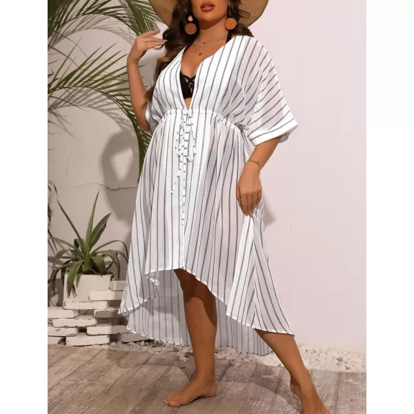 SWOMOG Women Cover Ups Plus Size Swimsuit Chiffon Kimono Long Cardigan Open Front Bathing Suit Summer Flowy Bikini BeachwearWhite Stripe