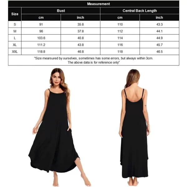 SWOMOG Women Long Nightgown Pajama Dress Soft Strap Nightdress Summer Sleeveless Nightshirt Lounge Dress with PocketsBlack