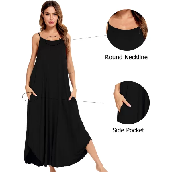 SWOMOG Women Long Nightgown Pajama Dress Soft Strap Nightdress Summer Sleeveless Nightshirt Lounge Dress with PocketsBlack