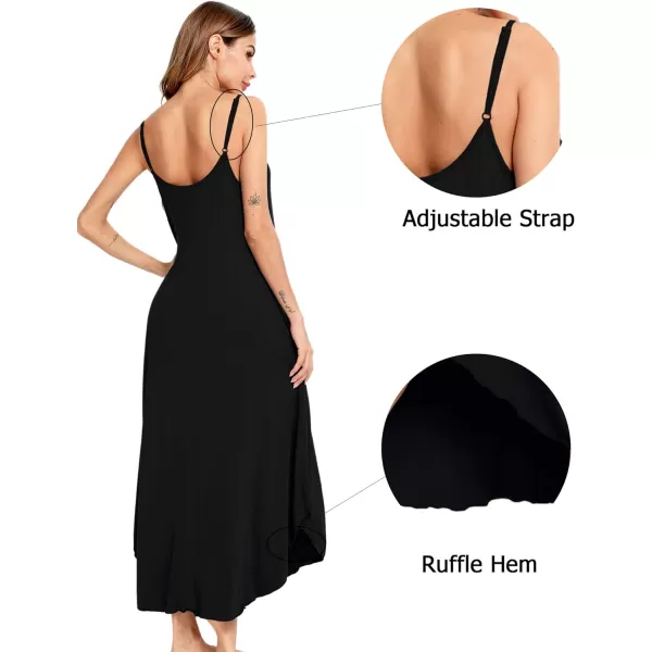 SWOMOG Women Long Nightgown Pajama Dress Soft Strap Nightdress Summer Sleeveless Nightshirt Lounge Dress with PocketsBlack