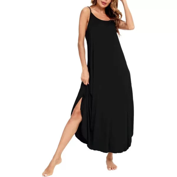 SWOMOG Women Long Nightgown Pajama Dress Soft Strap Nightdress Summer Sleeveless Nightshirt Lounge Dress with PocketsBlack