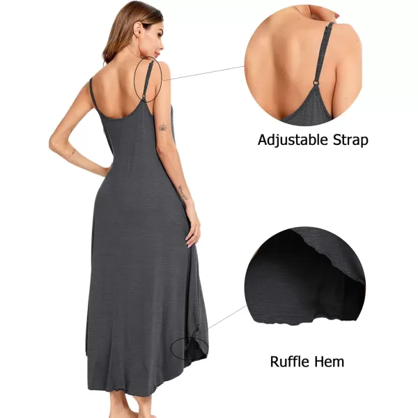 SWOMOG Women Long Nightgown Pajama Dress Soft Strap Nightdress Summer Sleeveless Nightshirt Lounge Dress with PocketsDeep Grey