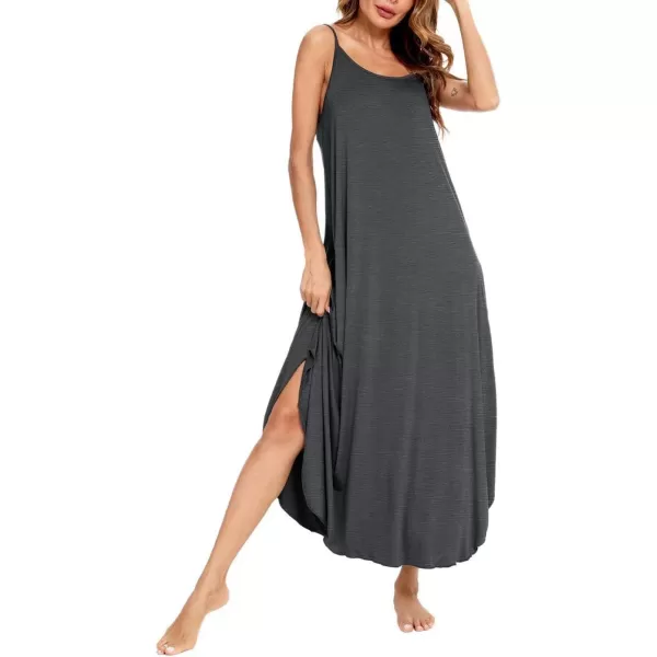 SWOMOG Women Long Nightgown Pajama Dress Soft Strap Nightdress Summer Sleeveless Nightshirt Lounge Dress with PocketsDeep Grey