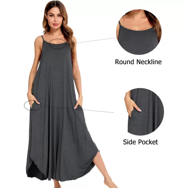 SWOMOG Women Long Nightgown Pajama Dress Soft Strap Nightdress Summer Sleeveless Nightshirt Lounge Dress with PocketsDeep Grey