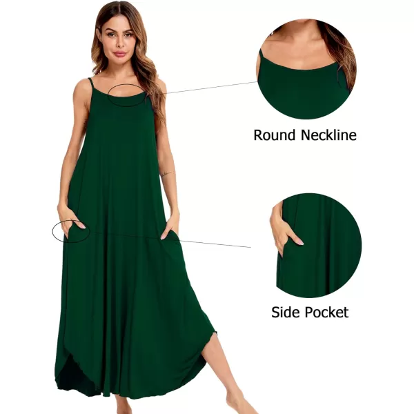 SWOMOG Women Long Nightgown Pajama Dress Soft Strap Nightdress Summer Sleeveless Nightshirt Lounge Dress with PocketsGreen