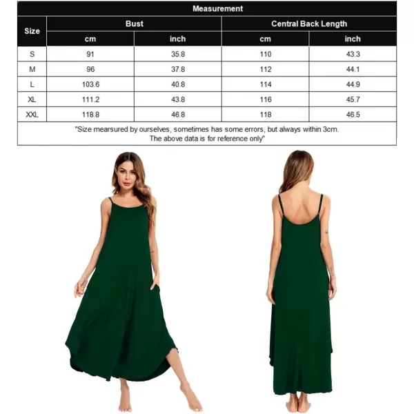 SWOMOG Women Long Nightgown Pajama Dress Soft Strap Nightdress Summer Sleeveless Nightshirt Lounge Dress with PocketsGreen