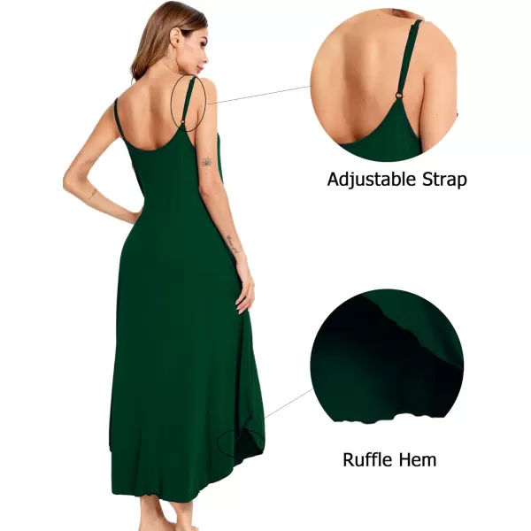 SWOMOG Women Long Nightgown Pajama Dress Soft Strap Nightdress Summer Sleeveless Nightshirt Lounge Dress with PocketsGreen