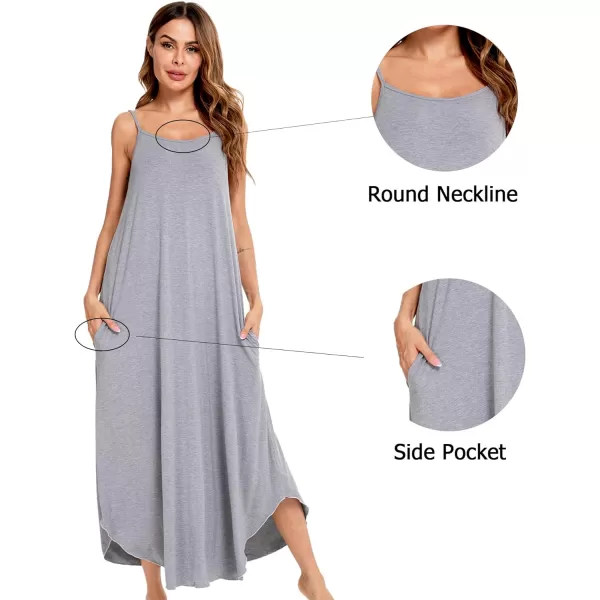 SWOMOG Women Long Nightgown Pajama Dress Soft Strap Nightdress Summer Sleeveless Nightshirt Lounge Dress with PocketsGrey