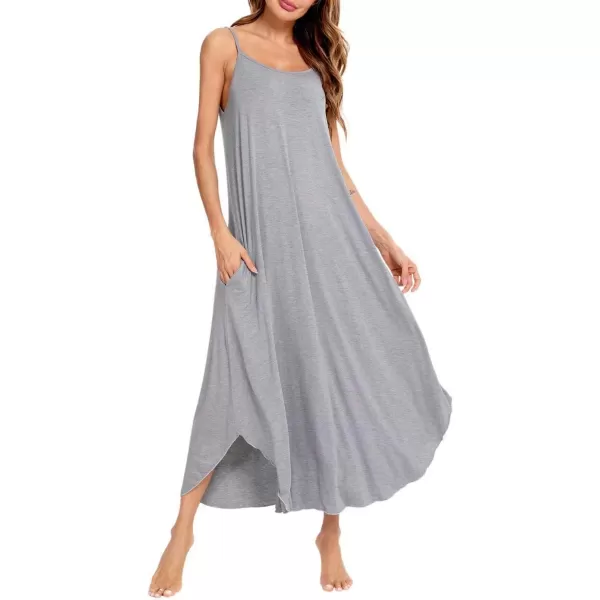 SWOMOG Women Long Nightgown Pajama Dress Soft Strap Nightdress Summer Sleeveless Nightshirt Lounge Dress with PocketsGrey