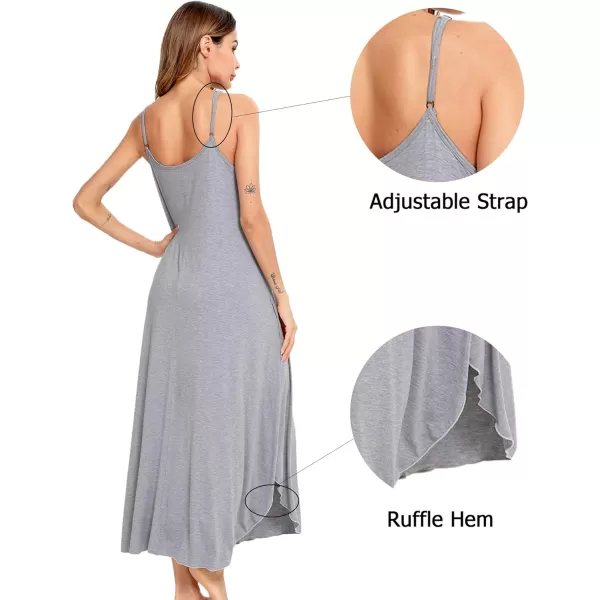 SWOMOG Women Long Nightgown Pajama Dress Soft Strap Nightdress Summer Sleeveless Nightshirt Lounge Dress with PocketsGrey