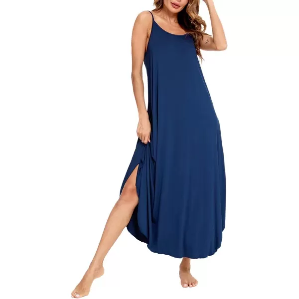 SWOMOG Women Long Nightgown Pajama Dress Soft Strap Nightdress Summer Sleeveless Nightshirt Lounge Dress with PocketsNavy Blue