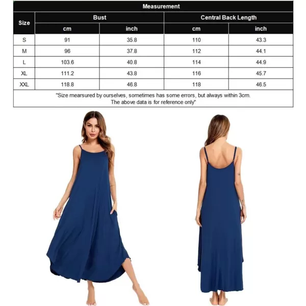 SWOMOG Women Long Nightgown Pajama Dress Soft Strap Nightdress Summer Sleeveless Nightshirt Lounge Dress with PocketsNavy Blue