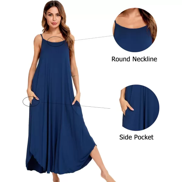 SWOMOG Women Long Nightgown Pajama Dress Soft Strap Nightdress Summer Sleeveless Nightshirt Lounge Dress with PocketsNavy Blue