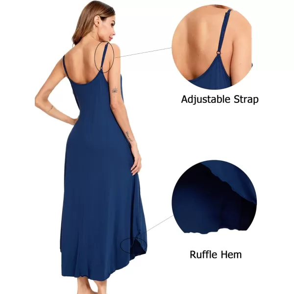 SWOMOG Women Long Nightgown Pajama Dress Soft Strap Nightdress Summer Sleeveless Nightshirt Lounge Dress with PocketsNavy Blue