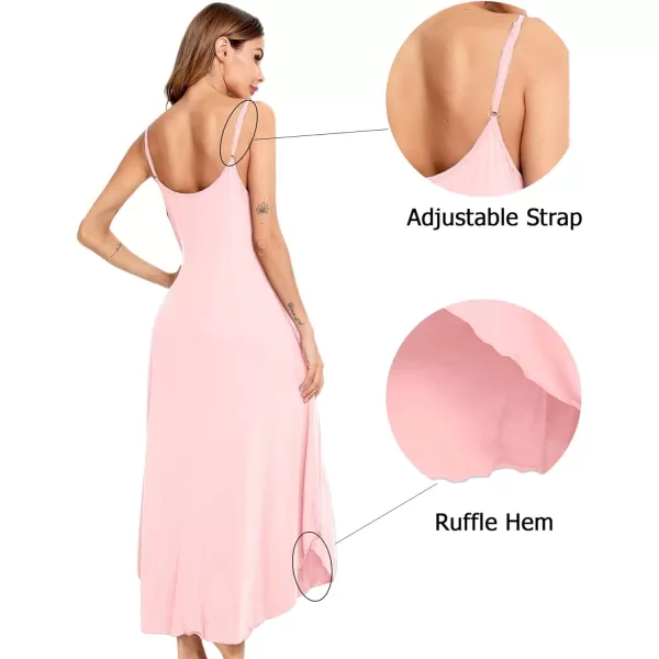 SWOMOG Women Long Nightgown Pajama Dress Soft Strap Nightdress Summer Sleeveless Nightshirt Lounge Dress with PocketsPink