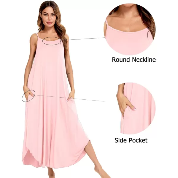 SWOMOG Women Long Nightgown Pajama Dress Soft Strap Nightdress Summer Sleeveless Nightshirt Lounge Dress with PocketsPink