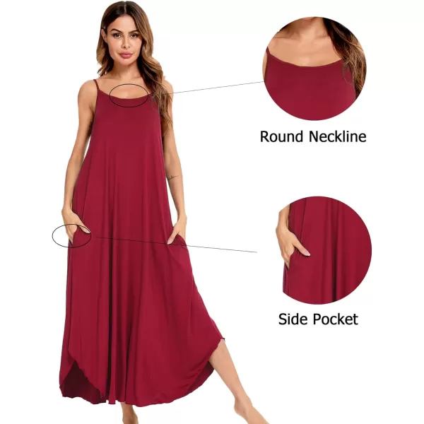 SWOMOG Women Long Nightgown Pajama Dress Soft Strap Nightdress Summer Sleeveless Nightshirt Lounge Dress with PocketsWine Red