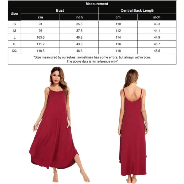 SWOMOG Women Long Nightgown Pajama Dress Soft Strap Nightdress Summer Sleeveless Nightshirt Lounge Dress with PocketsWine Red