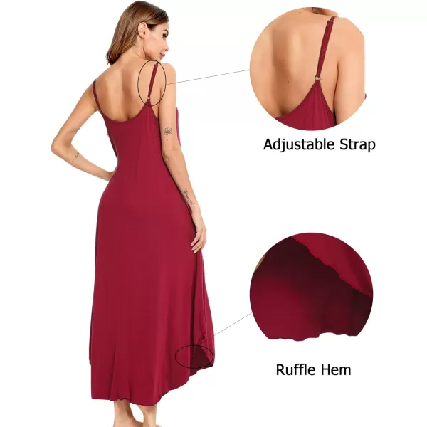 SWOMOG Women Long Nightgown Pajama Dress Soft Strap Nightdress Summer Sleeveless Nightshirt Lounge Dress with PocketsWine Red