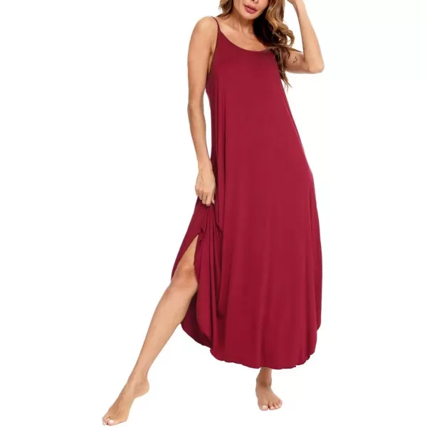 SWOMOG Women Long Nightgown Pajama Dress Soft Strap Nightdress Summer Sleeveless Nightshirt Lounge Dress with PocketsWine Red