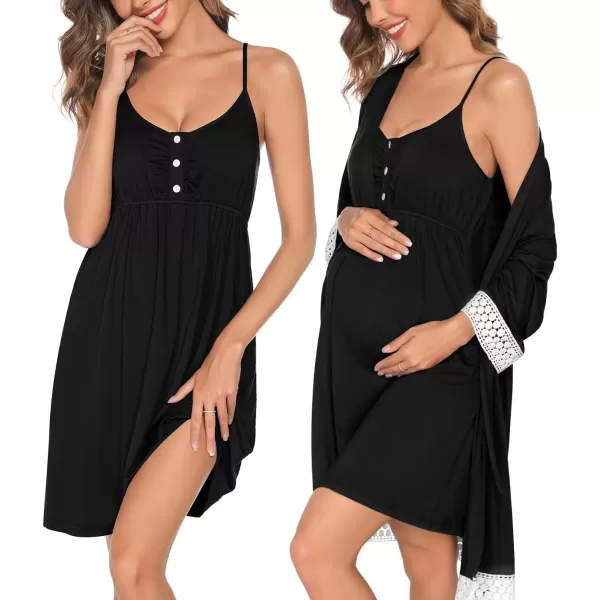 SWOMOG Women Maternity Nursing Robe Set Labor and Delivery Gown Breastfeeding Nightgown Postpartum Robe Sets for HospitalAblack