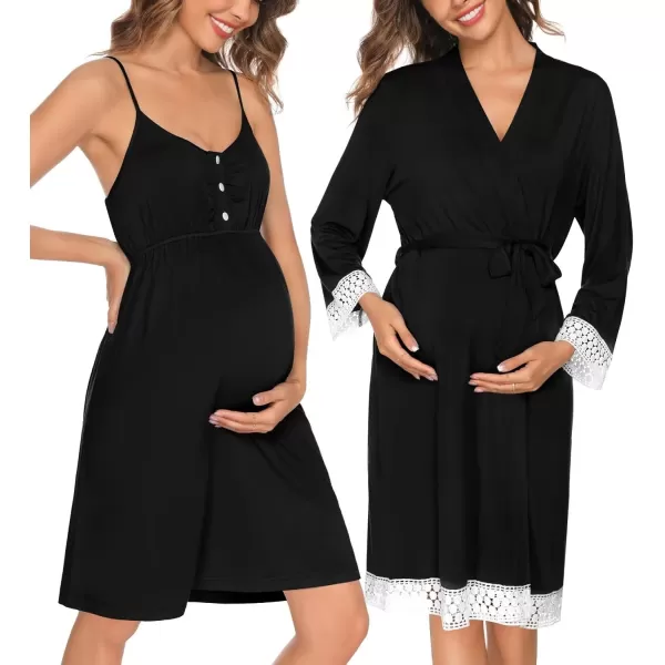 SWOMOG Women Maternity Nursing Robe Set Labor and Delivery Gown Breastfeeding Nightgown Postpartum Robe Sets for HospitalAblack