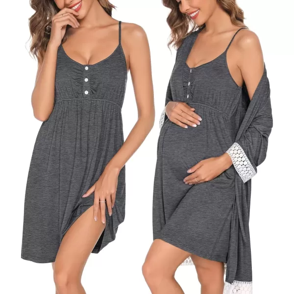 SWOMOG Women Maternity Nursing Robe Set Labor and Delivery Gown Breastfeeding Nightgown Postpartum Robe Sets for HospitalAdark Grey