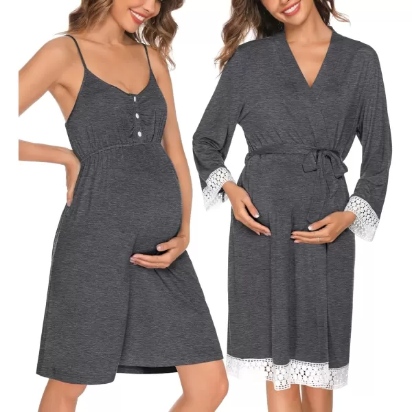 SWOMOG Women Maternity Nursing Robe Set Labor and Delivery Gown Breastfeeding Nightgown Postpartum Robe Sets for HospitalAdark Grey