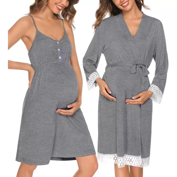 SWOMOG Women Maternity Nursing Robe Set Labor and Delivery Gown Breastfeeding Nightgown Postpartum Robe Sets for HospitalAgrey