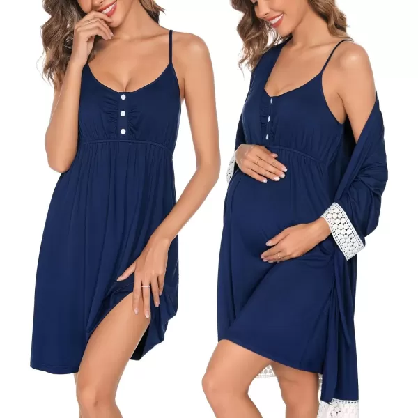 SWOMOG Women Maternity Nursing Robe Set Labor and Delivery Gown Breastfeeding Nightgown Postpartum Robe Sets for HospitalAnavy Blue