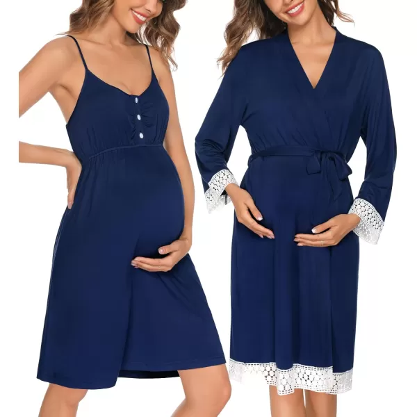 SWOMOG Women Maternity Nursing Robe Set Labor and Delivery Gown Breastfeeding Nightgown Postpartum Robe Sets for HospitalAnavy Blue