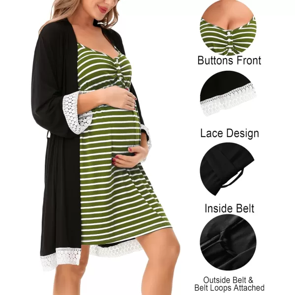 SWOMOG Women Maternity Nursing Robe Set Labor and Delivery Gown Breastfeeding Nightgown Postpartum Robe Sets for HospitalStripedarmy Green