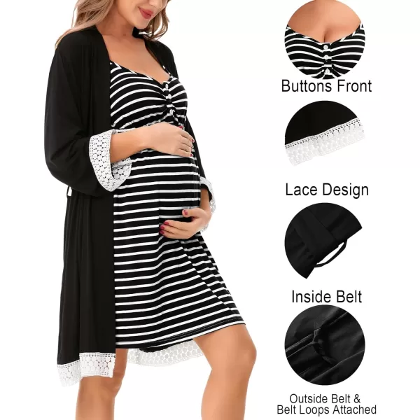 SWOMOG Women Maternity Nursing Robe Set Labor and Delivery Gown Breastfeeding Nightgown Postpartum Robe Sets for HospitalStripedblack