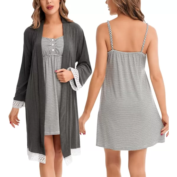 SWOMOG Women Maternity Nursing Robe Set Labor and Delivery Gown Breastfeeding Nightgown Postpartum Robe Sets for HospitalStripeddark Grey