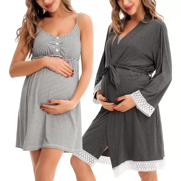 SWOMOG Women Maternity Nursing Robe Set Labor and Delivery Gown Breastfeeding Nightgown Postpartum Robe Sets for HospitalStripeddark Grey