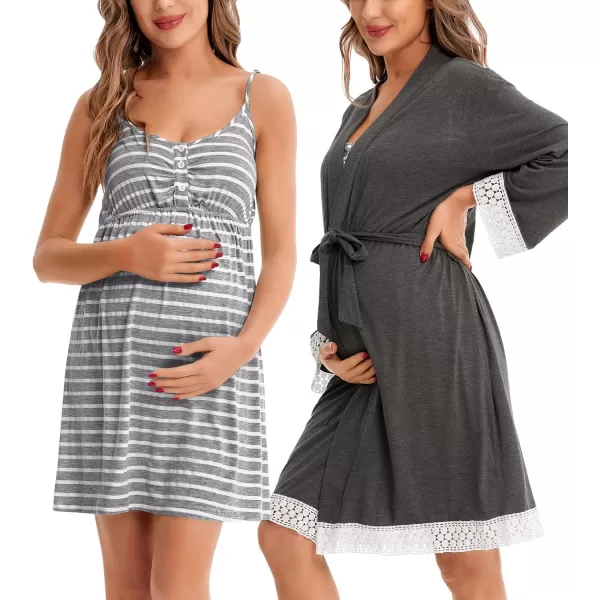 SWOMOG Women Maternity Nursing Robe Set Labor and Delivery Gown Breastfeeding Nightgown Postpartum Robe Sets for HospitalStripedgrey