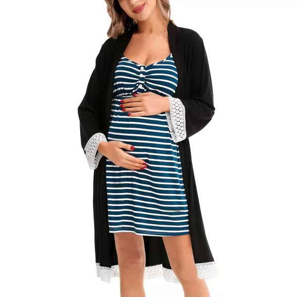 SWOMOG Women Maternity Nursing Robe Set Labor and Delivery Gown Breastfeeding Nightgown Postpartum Robe Sets for HospitalStripednavy Blue 1