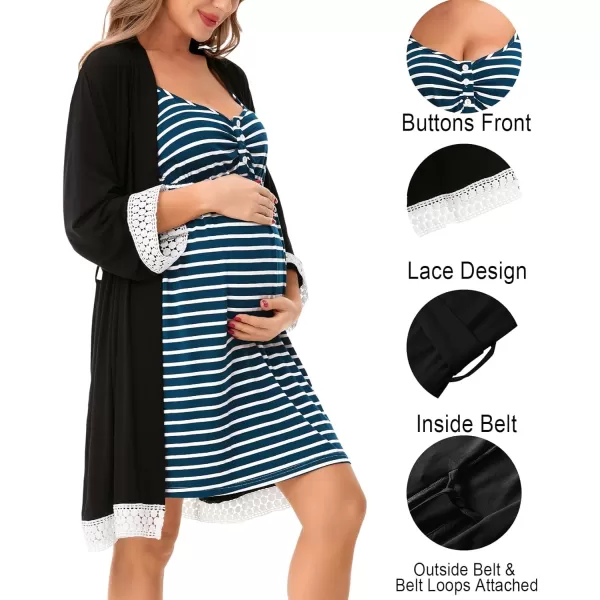 SWOMOG Women Maternity Nursing Robe Set Labor and Delivery Gown Breastfeeding Nightgown Postpartum Robe Sets for HospitalStripednavy Blue 1