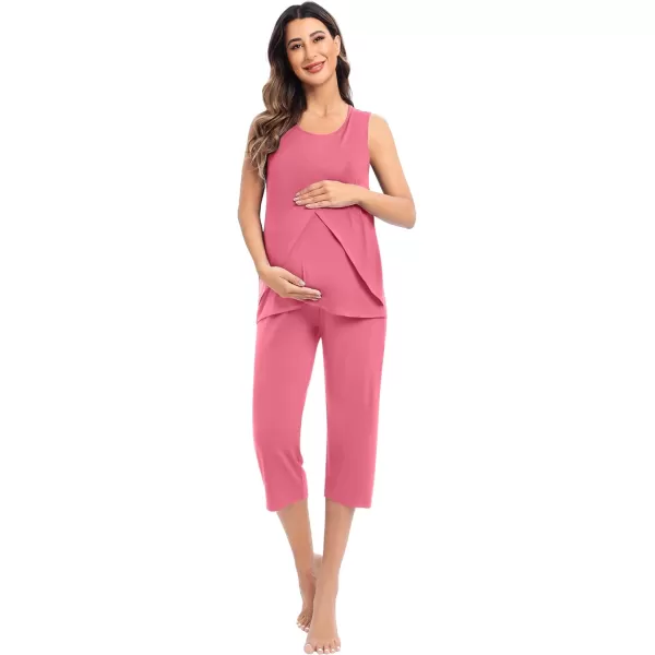 SWOMOG Women Maternity Pajama Set Nursing Pjs Double Layer Sleeveless Top Capri Pregnancy Set Breastfeeding Pjs with PocketsCoral