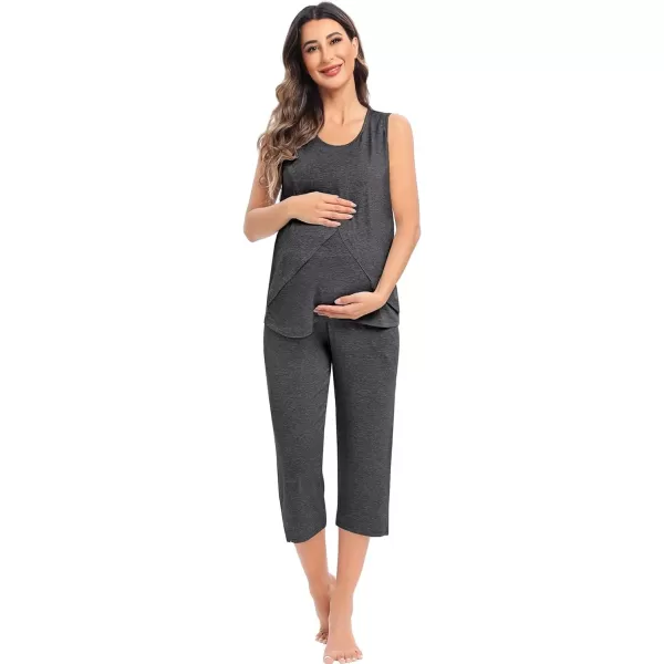 SWOMOG Women Maternity Pajama Set Nursing Pjs Double Layer Sleeveless Top Capri Pregnancy Set Breastfeeding Pjs with PocketsDeep Grey