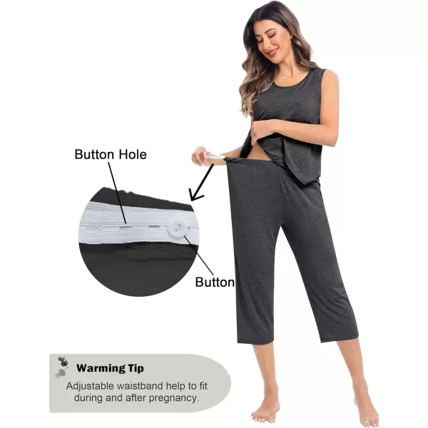 SWOMOG Women Maternity Pajama Set Nursing Pjs Double Layer Sleeveless Top Capri Pregnancy Set Breastfeeding Pjs with PocketsDeep Grey