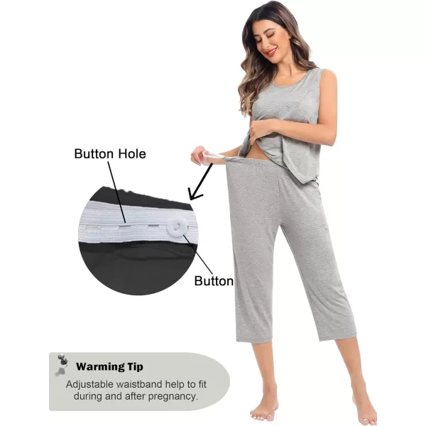 SWOMOG Women Maternity Pajama Set Nursing Pjs Double Layer Sleeveless Top Capri Pregnancy Set Breastfeeding Pjs with PocketsGrey