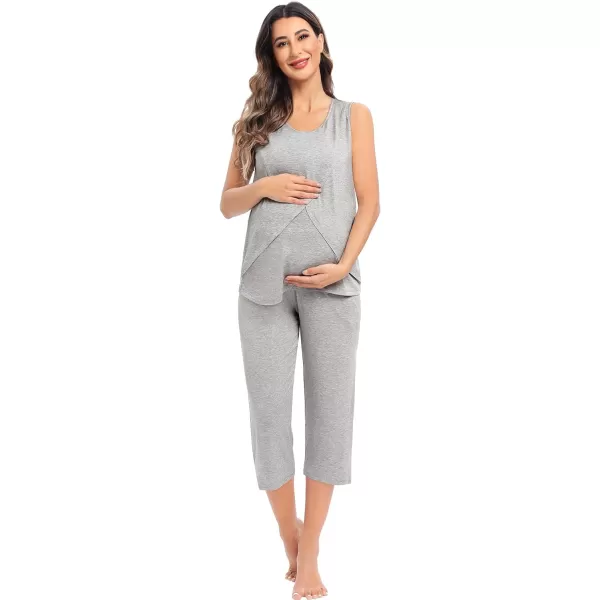 SWOMOG Women Maternity Pajama Set Nursing Pjs Double Layer Sleeveless Top Capri Pregnancy Set Breastfeeding Pjs with PocketsGrey