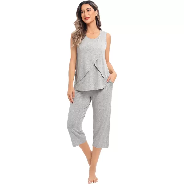 SWOMOG Women Maternity Pajama Set Nursing Pjs Double Layer Sleeveless Top Capri Pregnancy Set Breastfeeding Pjs with PocketsGrey