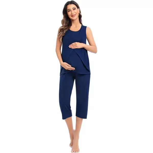 SWOMOG Women Maternity Pajama Set Nursing Pjs Double Layer Sleeveless Top Capri Pregnancy Set Breastfeeding Pjs with PocketsNavy Blue