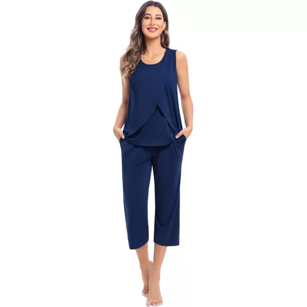 SWOMOG Women Maternity Pajama Set Nursing Pjs Double Layer Sleeveless Top Capri Pregnancy Set Breastfeeding Pjs with PocketsNavy Blue